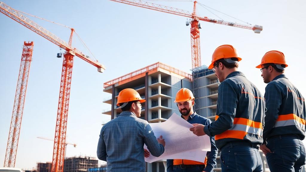 Chantier de construction avec grues et ingénieurs