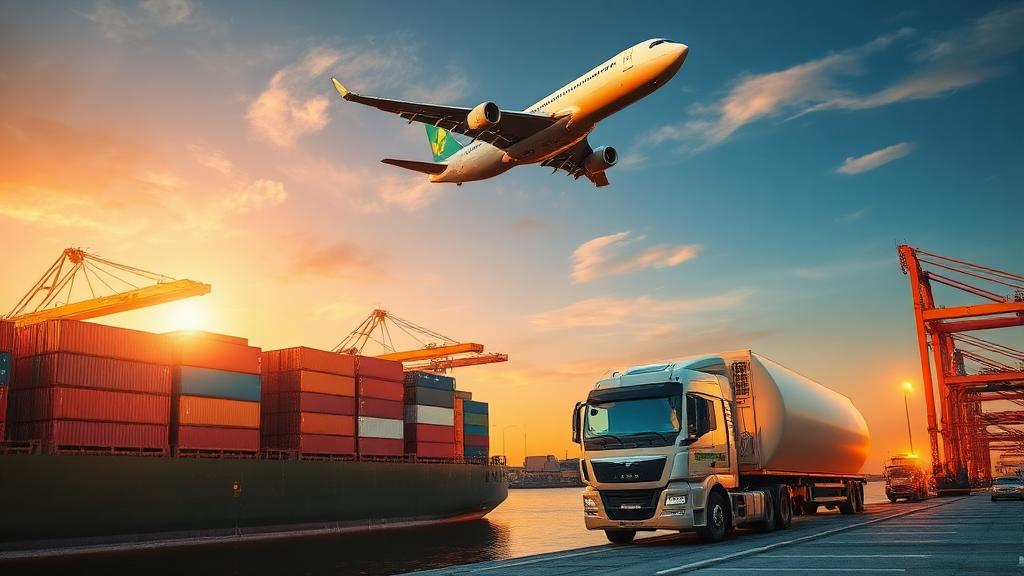 Porte-conteneurs, avion cargo et camion au port