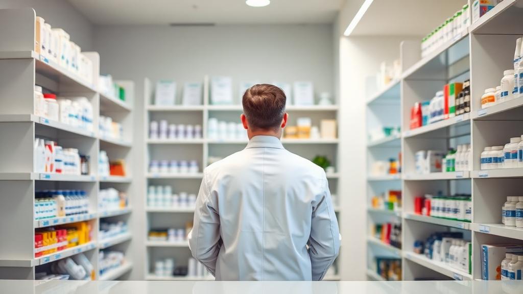 Officine de pharmacie et pharmacien au comptoir