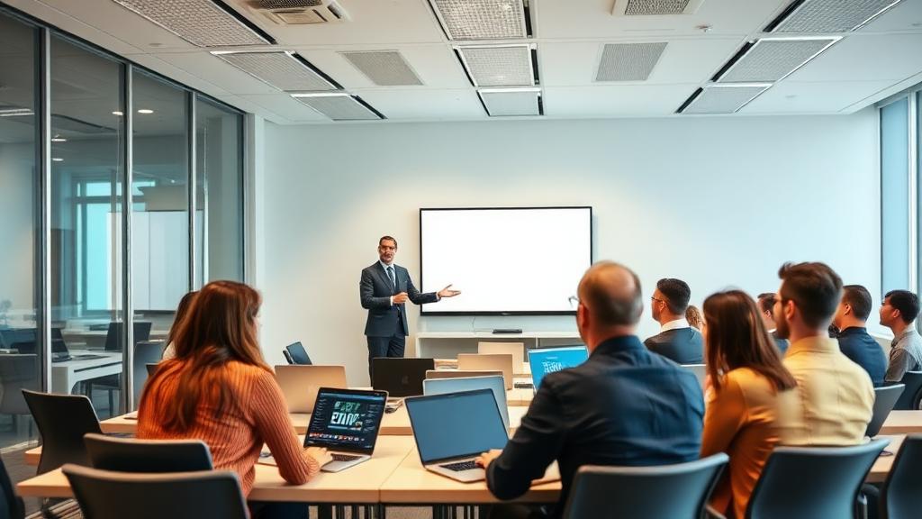 Salle de formation professionnelle avec formateur et apprenants